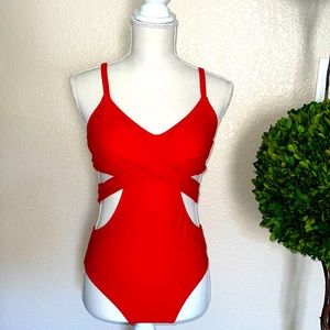 Wrap Tie Back One Piece Monokini Swimsuit Red Sz Large